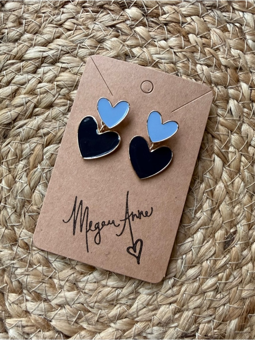 Gold-Tone Double Heart Drop Earrings in Navy and Light Blue